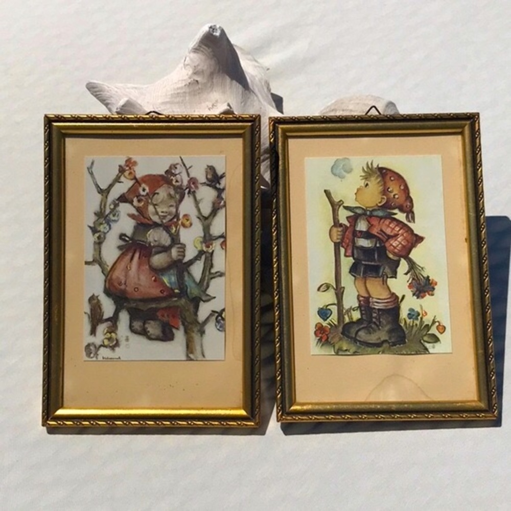 Vintage Hummel Pair of Framed Prints with Girl and Boy Stamped Made in Germany